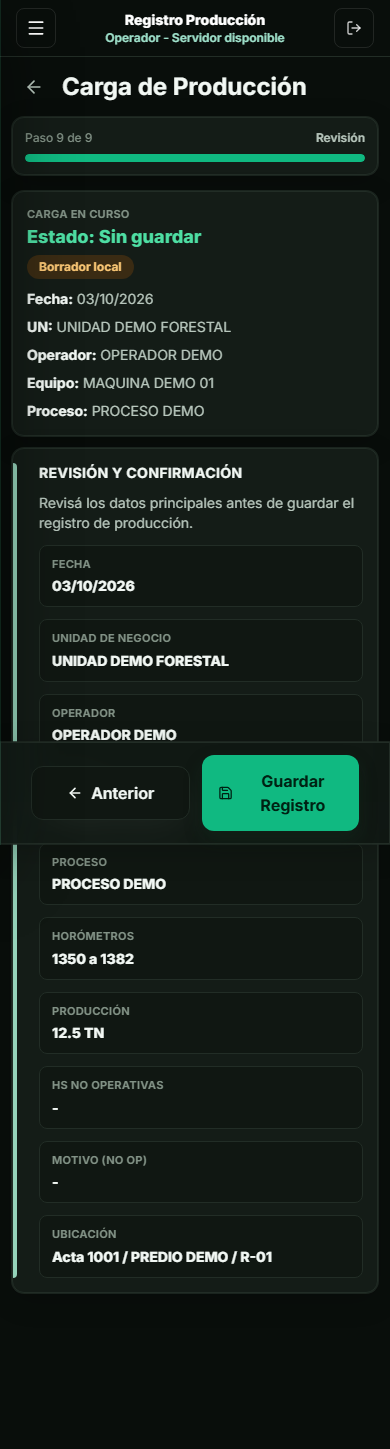 Pantalla de revisión de un registro forestal ficticio.