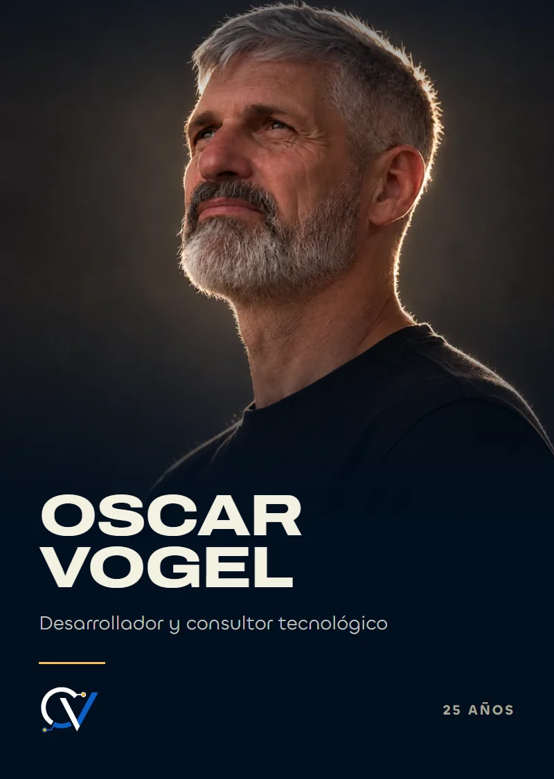 Credencial de Oscar Vogel, desarrollador y consultor tecnológico.