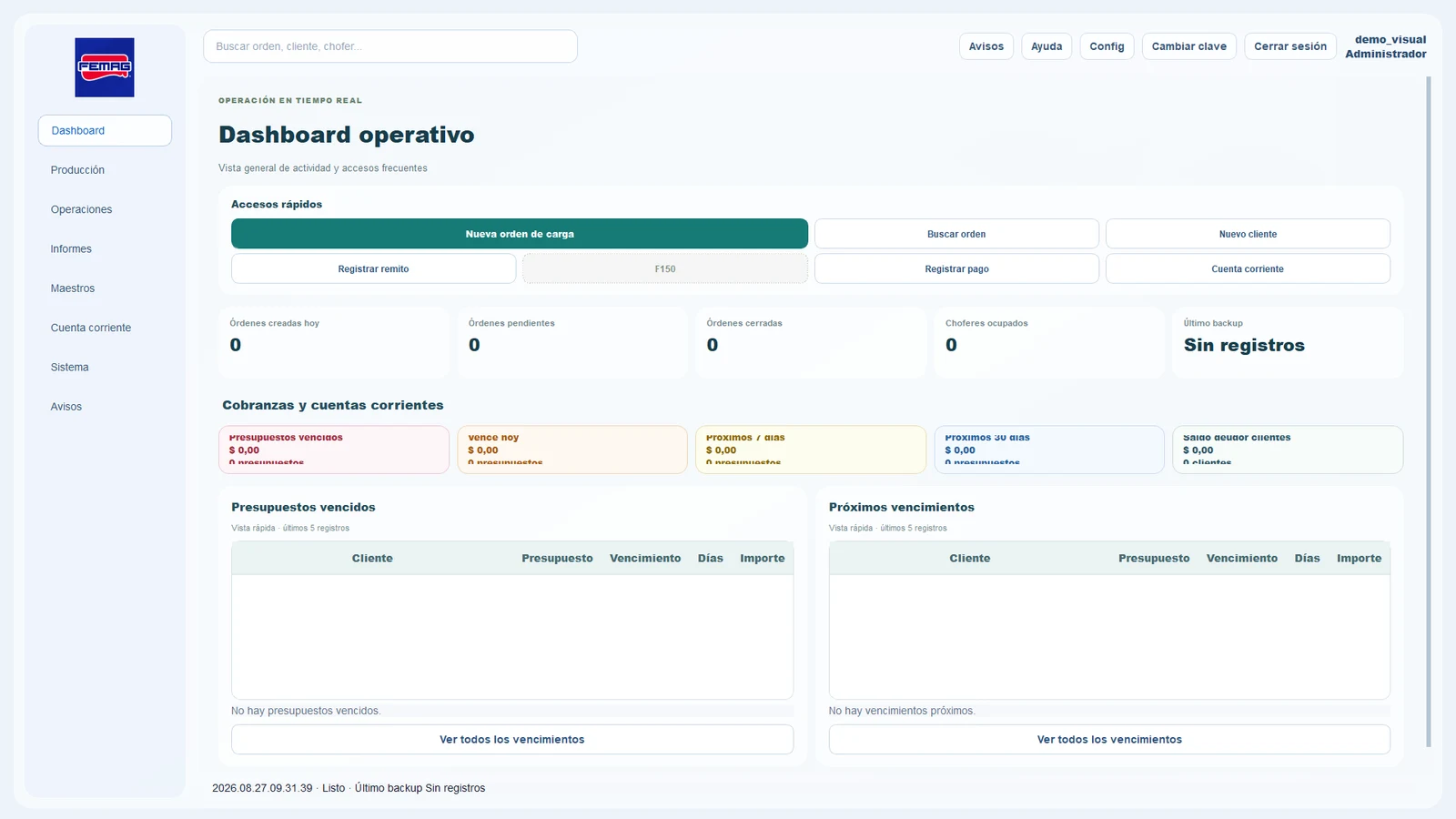 Dashboard operativo de FEMAG Desktop en modo de demostración.