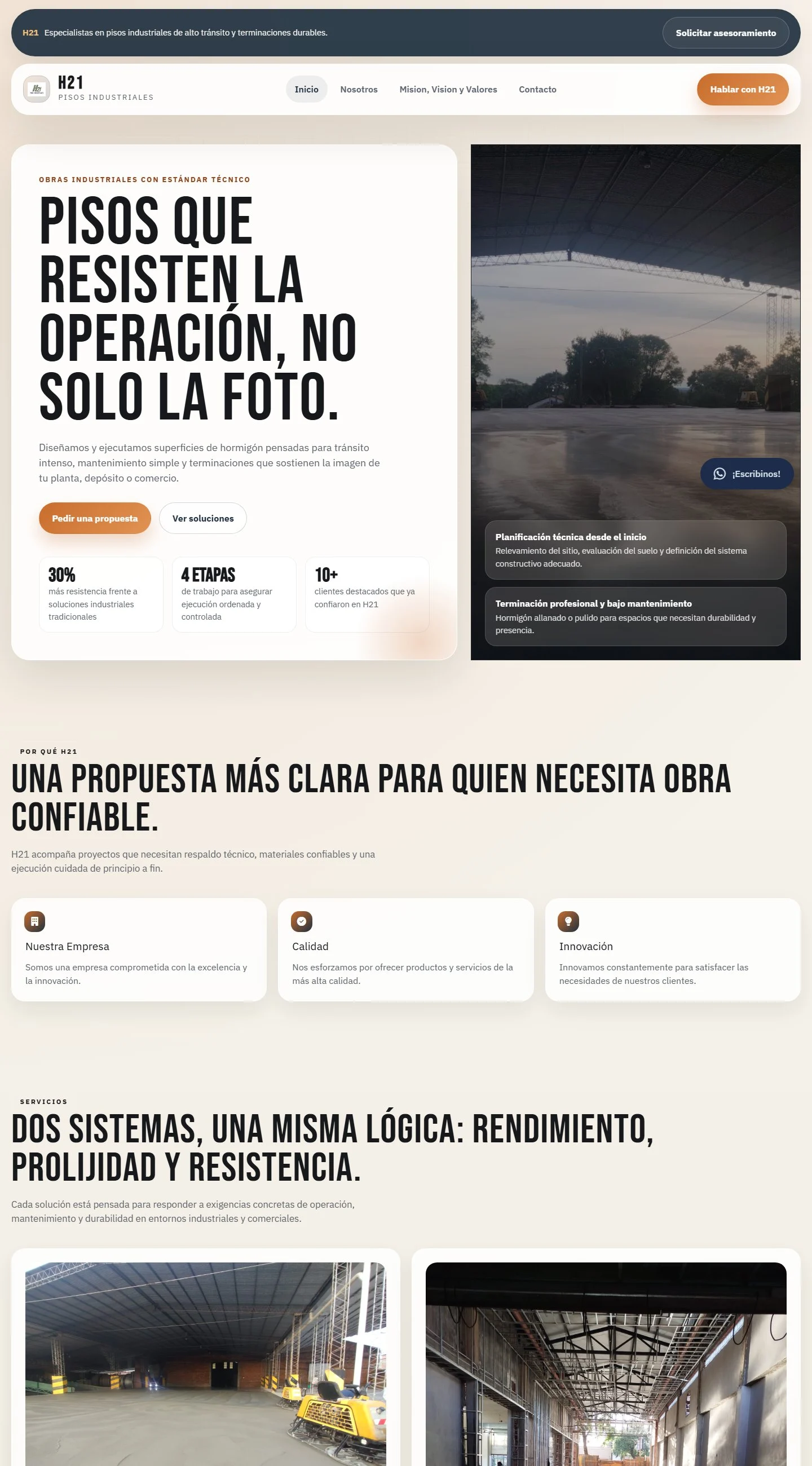 Página completa del sitio de H21 en escritorio.