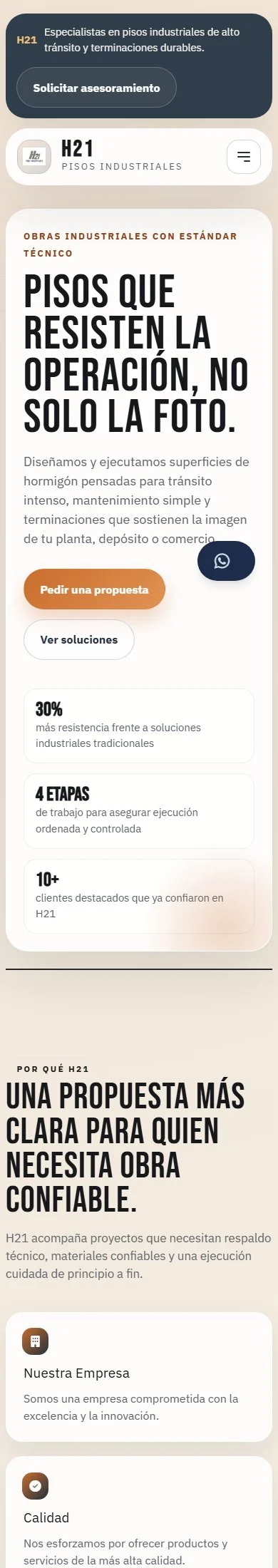 Página completa del sitio de H21 en teléfono.