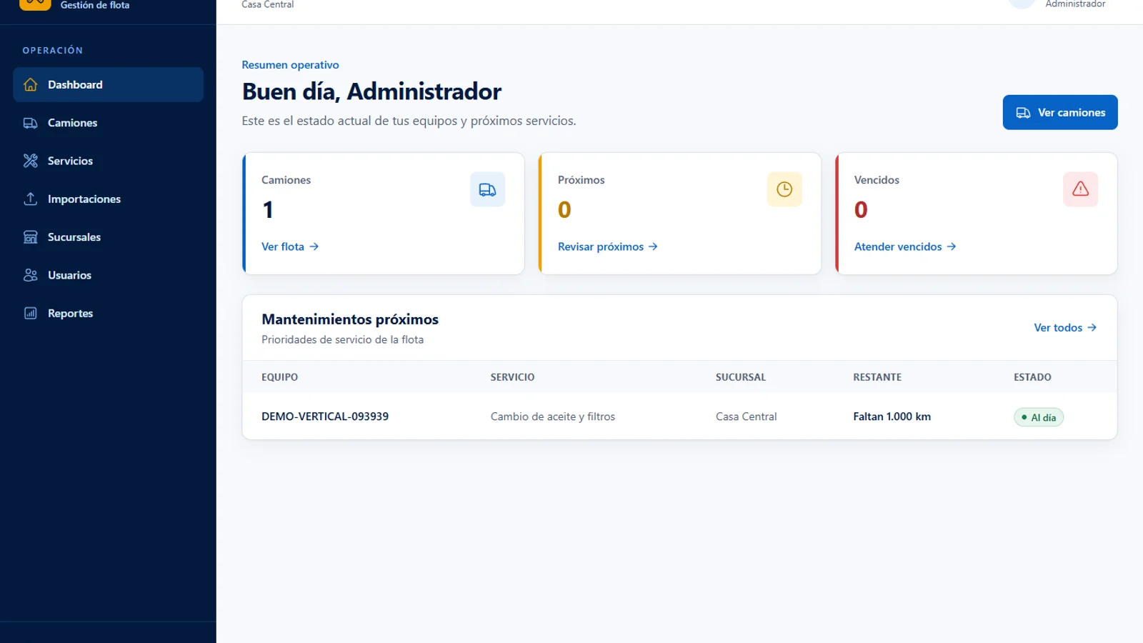 Dashboard de demostración para gestionar equipos y próximos mantenimientos de una flota.
