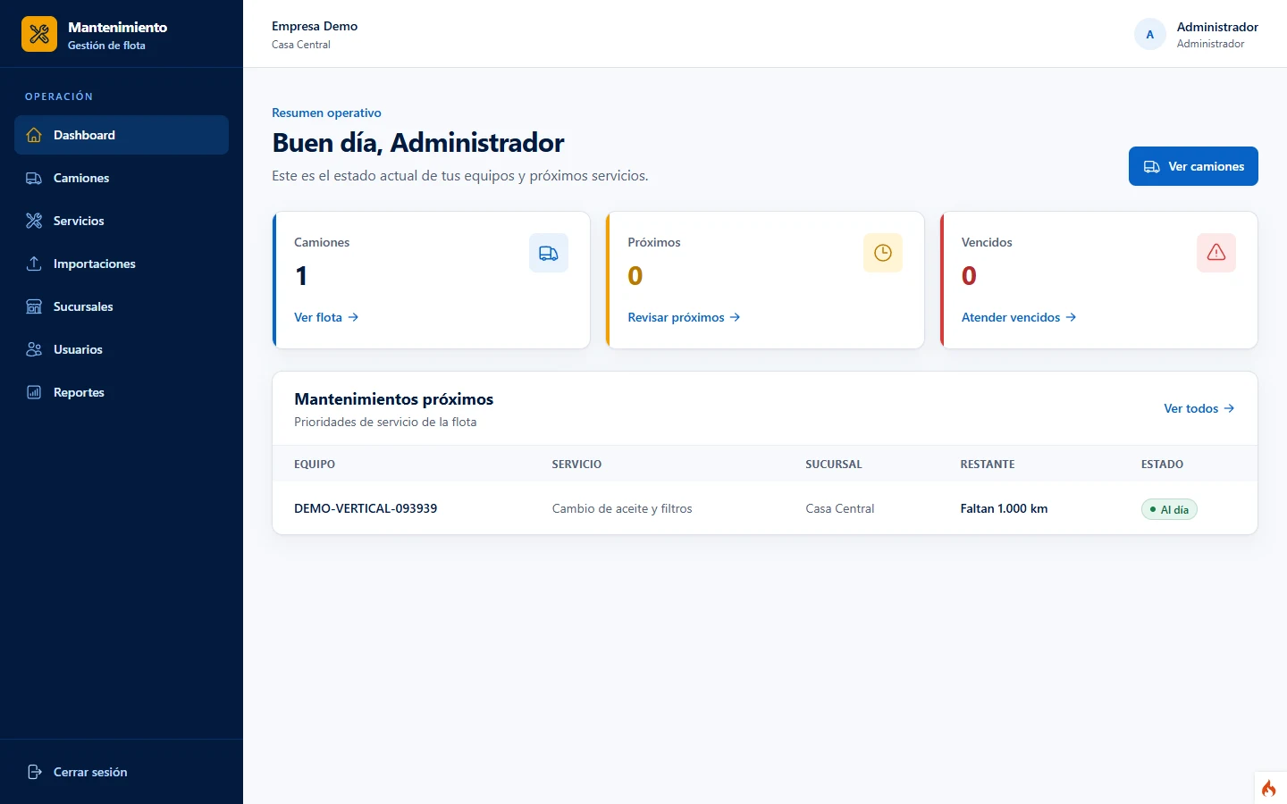 Dashboard web de demostración para gestionar camiones y mantenimientos próximos.