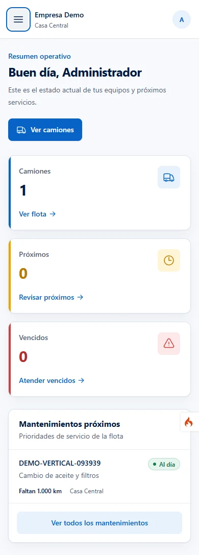 Vista móvil de demostración de la gestión de mantenimiento de flota.