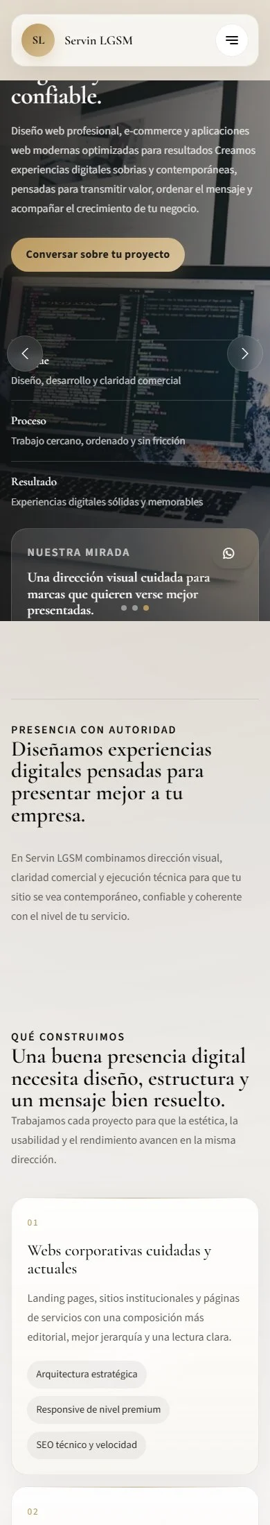 Página completa del sitio de Servin LGSM en teléfono.